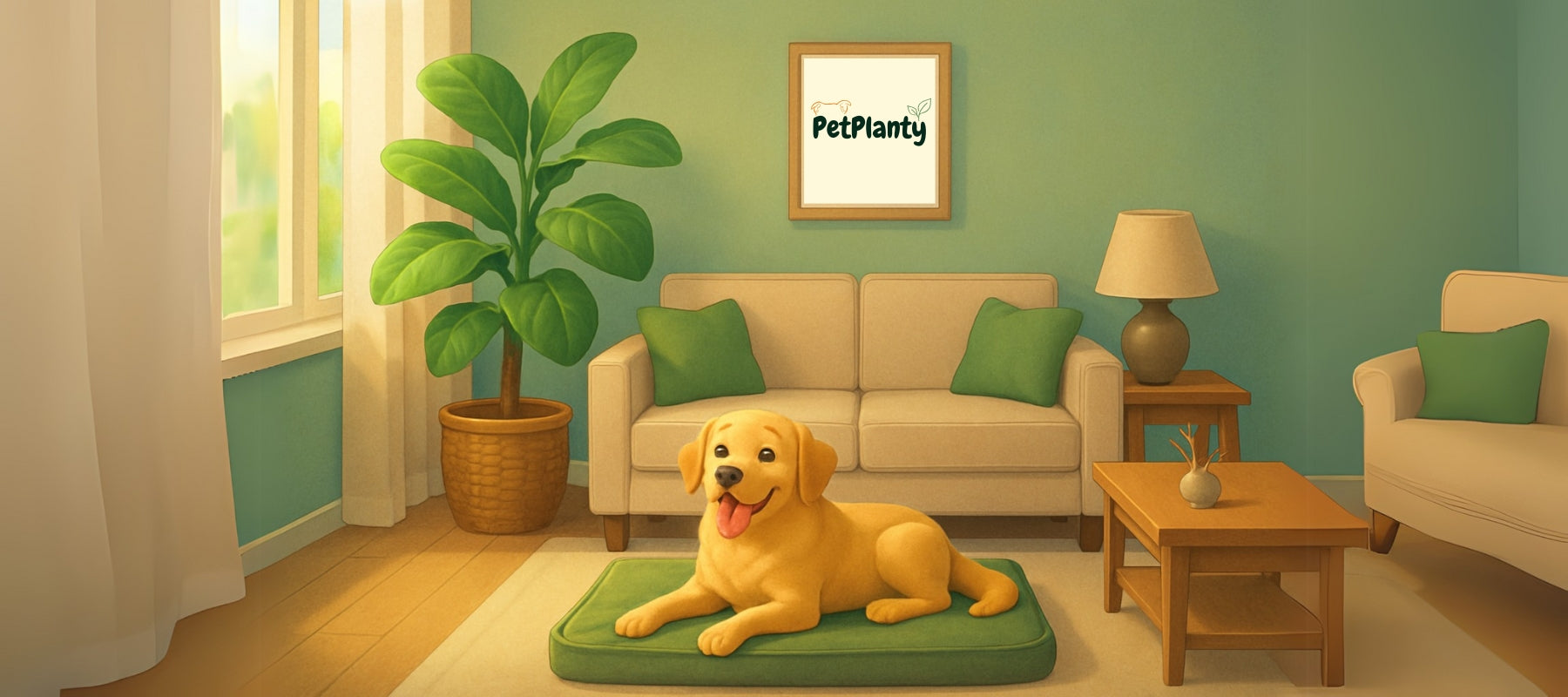 Dog sitting next to a potted plant in a cozy home – PetPlanty banner